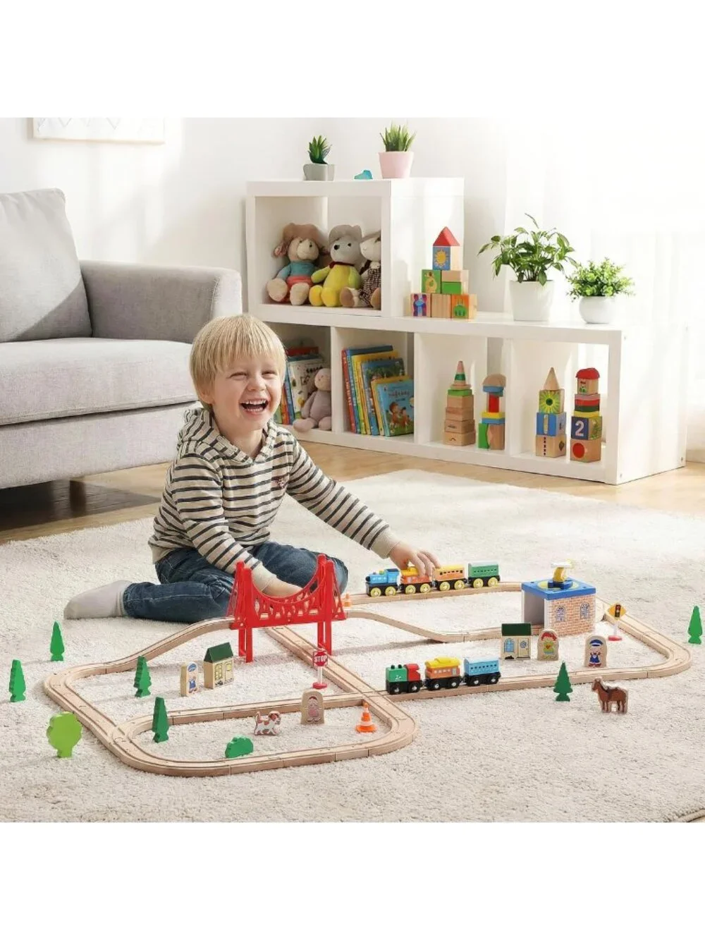 Wooden Train Track Set 62 PCS with Bridge & Trains - Compatible, Ideal Gift for